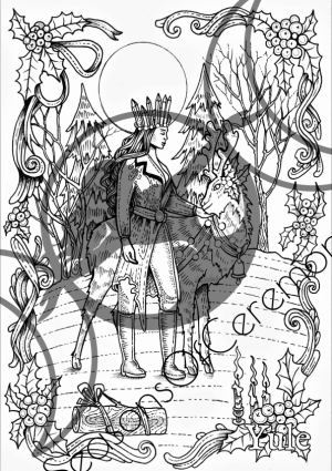 Hand-drawn Yule coloring page featuring a crowned winter goddess and stag beneath the rising Sun, surrounded by evergreens, holly, and candles.