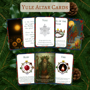Yule altar cards – printable 8-card set featuring deities, gemstones, and correspondences for midwinter rituals