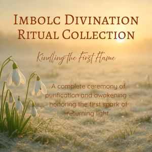 A serene Imbolc morning scene with snowdrops emerging through frosted ground at sunrise, golden light illuminating the mist. Text on the image reads: ‘Imbolc Divination Ritual Collection – Kindling the First Flame – A complete ceremony of purification and awakening, honoring the first spark of returning light.