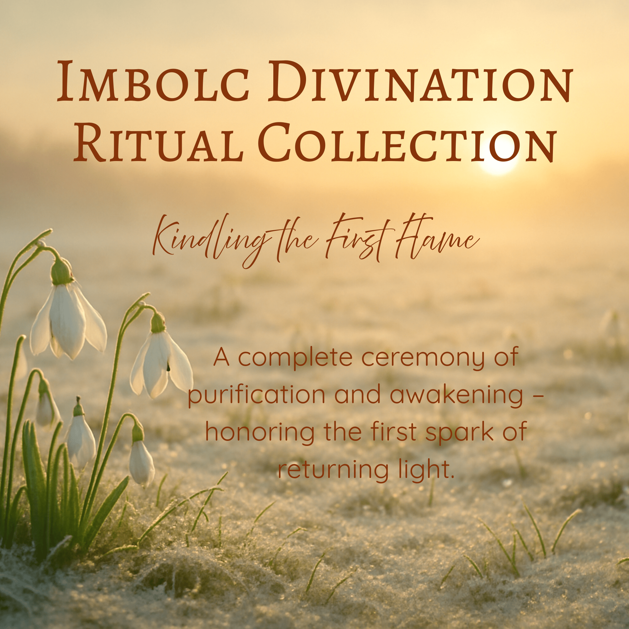 A serene Imbolc morning scene with snowdrops emerging through frosted ground at sunrise, golden light illuminating the mist. Text on the image reads: ‘Imbolc Divination Ritual Collection – Kindling the First Flame – A complete ceremony of purification and awakening, honoring the first spark of returning light.
