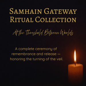 Samhain ritual collection hero — At the Threshold Between Worlds; featuring altar cards, journal, meditation, and booklet.