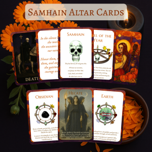 Top-down view of eight Samhain altar cards arranged on a dark wooden surface with candles, marigolds, and obsidian stones.