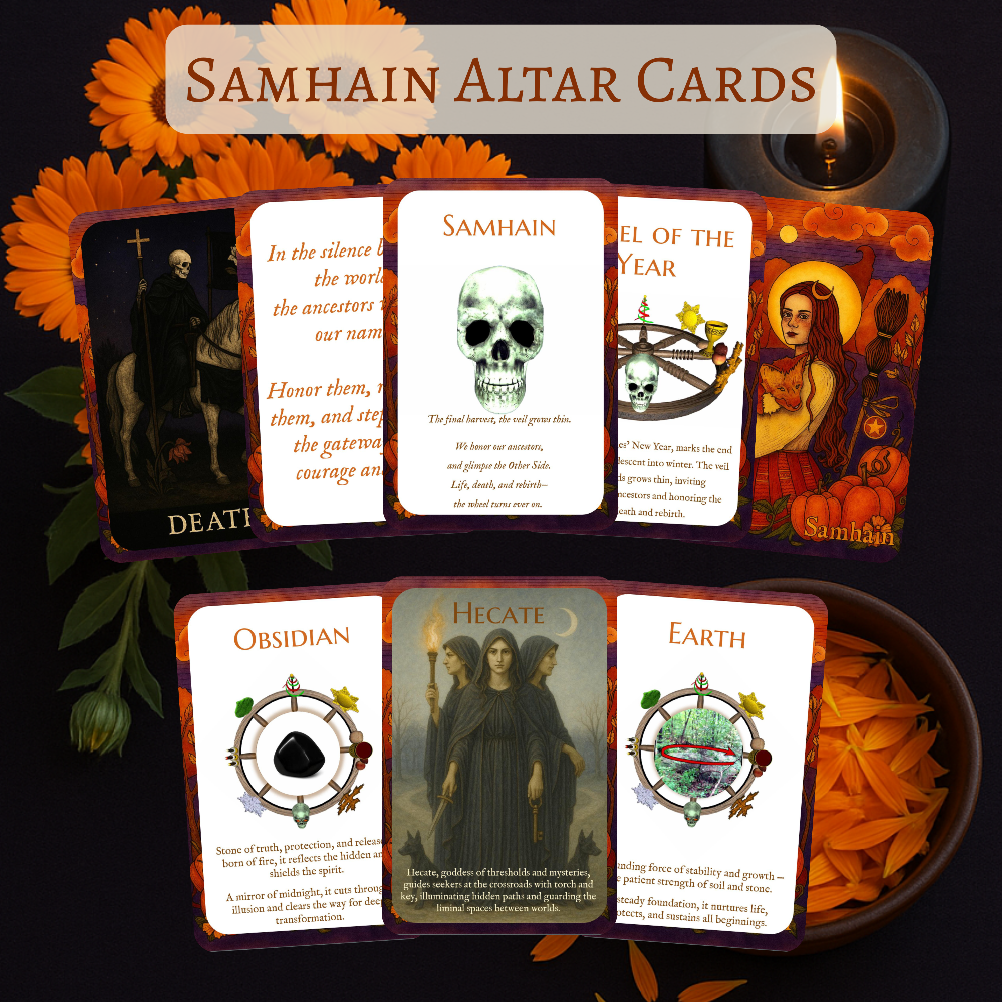 Top-down view of eight Samhain altar cards arranged on a dark wooden surface with candles, marigolds, and obsidian stones.
