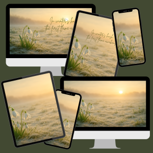 Imbolc wallpaper set displayed on phone, tablet, and desktop screens; featuring snowdrops emerging through frosted grass at sunrise, with some versions including the message “In winter’s hush, the first flame awakens.”