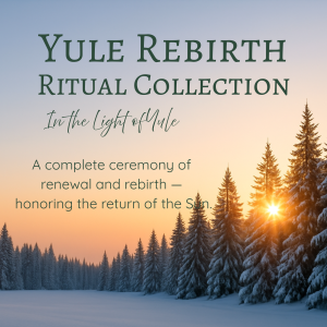 Yule ritual collection hero — In the Light of Yule; featuring altar cards, journal, meditation, and booklet.