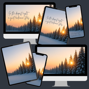 Yule Wallpaper Set — In the Light of Yule; evergreen branches, candle glow, winter berries, and soft golden light honoring the rebirth of the Sun.